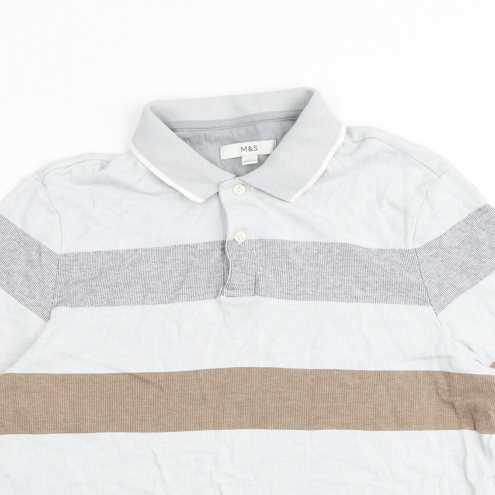 Marks and Spencer Mens Multicoloured Striped Cotton Polo Size M Collared Button