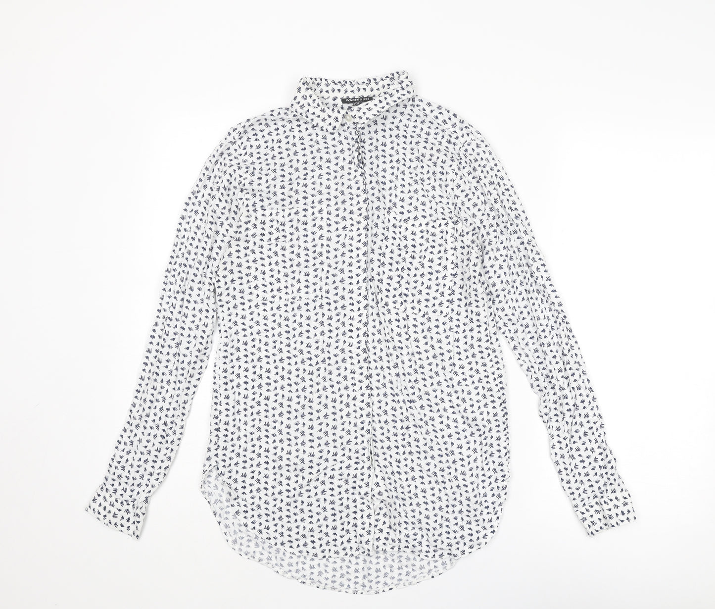 Warehouse Womens White Geometric Viscose Basic Button-Up Size 10 Collared
