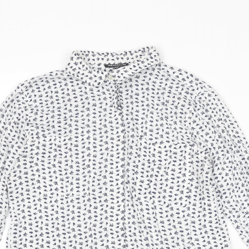 Warehouse Womens White Geometric Viscose Basic Button-Up Size 10 Collared