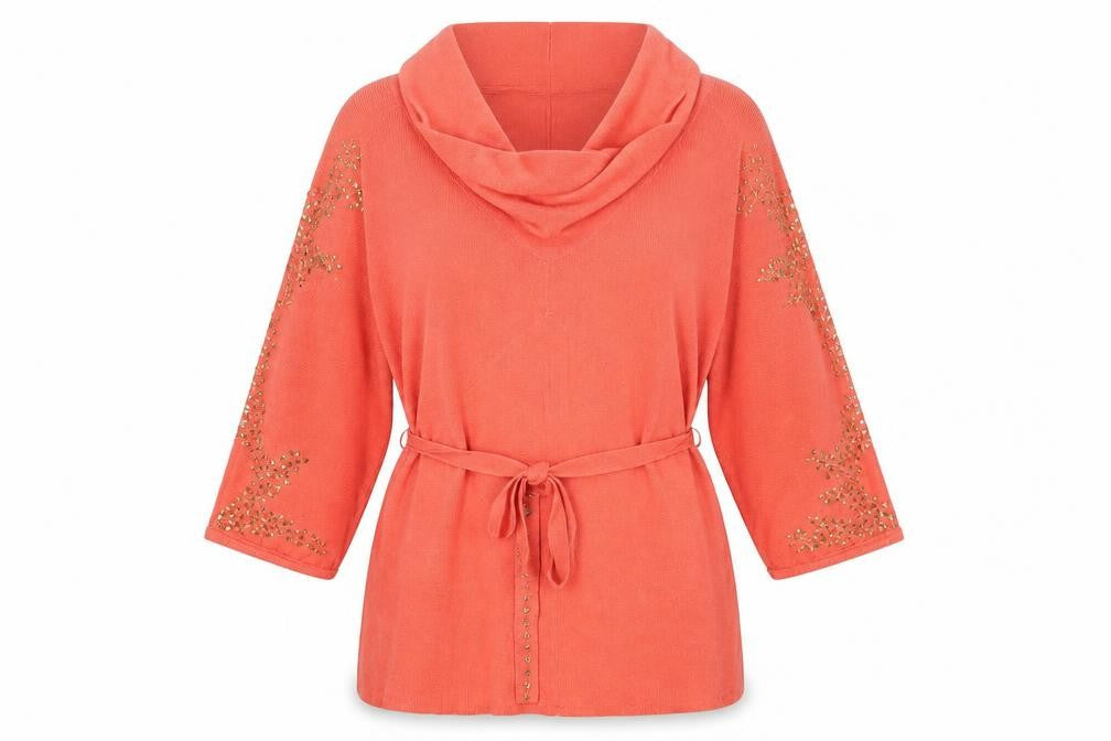 Front view of Komodo women’s pink cowl neck cotton jumper, size UK 10