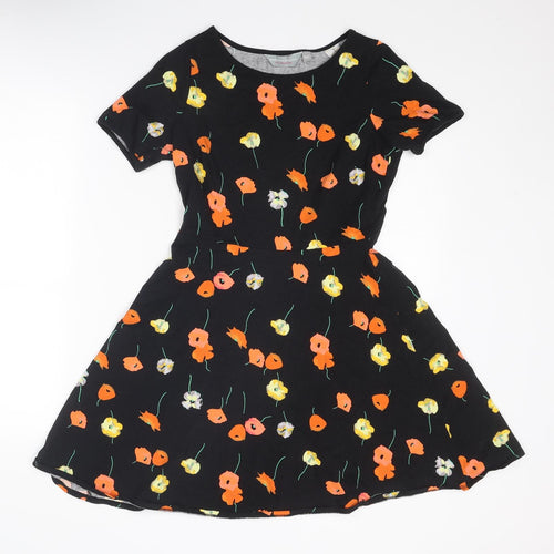 Dorothy Perkins Womens Black Floral Cotton Fit & Flare Size 10 Round Neck Pullover