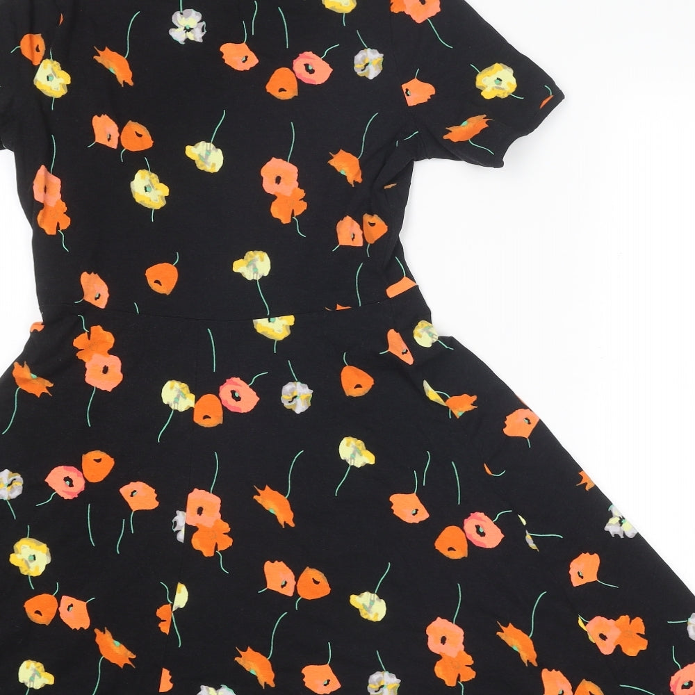 Dorothy Perkins Womens Black Floral Cotton Fit & Flare Size 10 Round Neck Pullover
