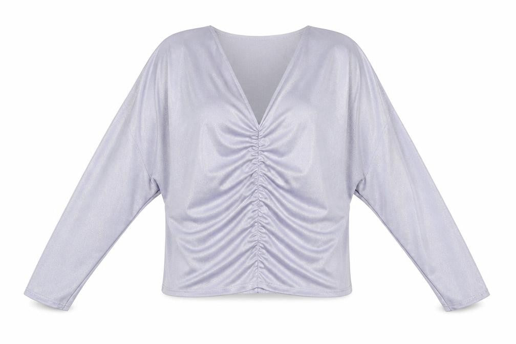 Front view of River Island women’s silver polyester basic blouse, size UK 12, v-neck - ruched