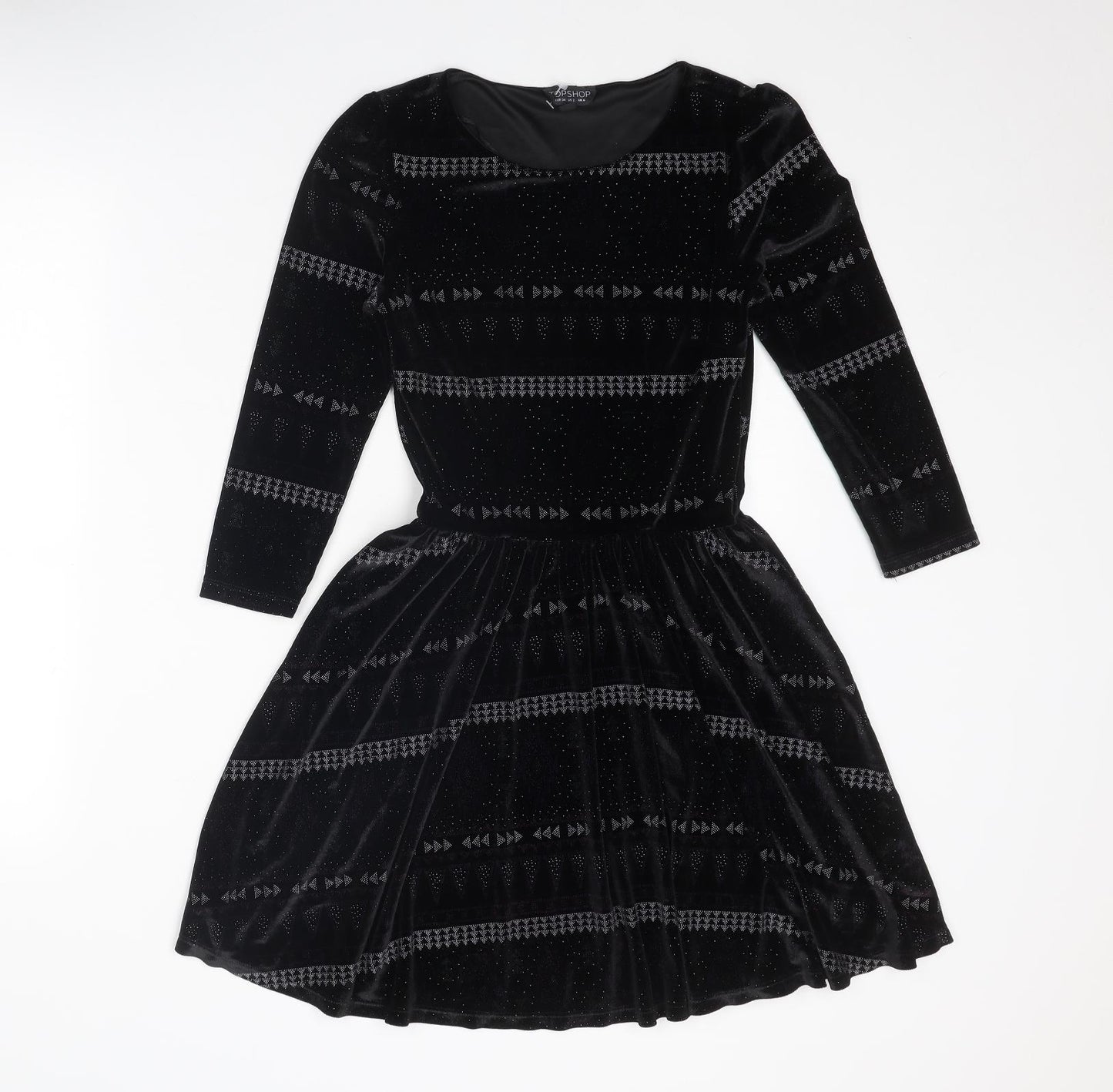 Topshop Womens Black Geometric Polyester Fit & Flare Size 6 Round Neck Pullover