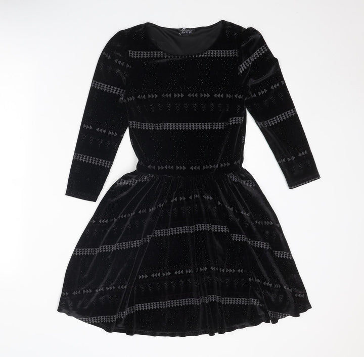 Topshop Womens Black Geometric Polyester Fit & Flare Size 6 Round Neck Pullover