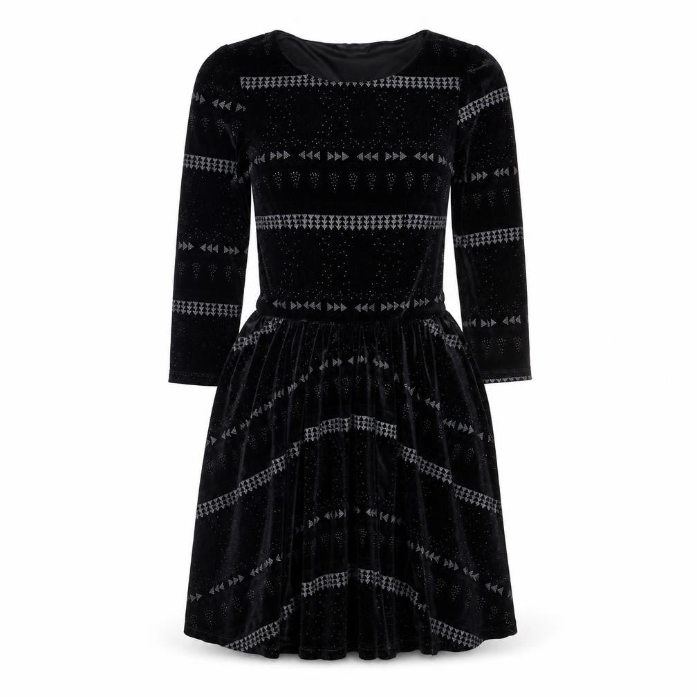 Front view of Topshop women’s black geometric polyester fit & flare, size UK 6, round neck pullover