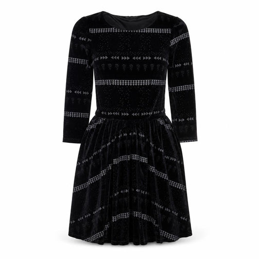 Front view of Topshop women’s black geometric polyester fit & flare, size UK 6, round neck pullover