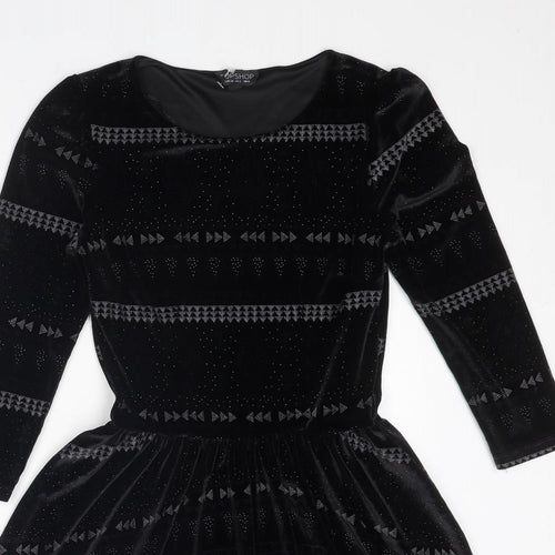 Topshop Womens Black Geometric Polyester Fit & Flare Size 6 Round Neck Pullover