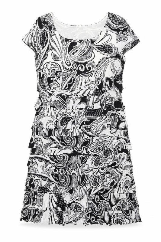 Front view of Roman women’s black geometric polyester shift, size UK 14, round neck pullover