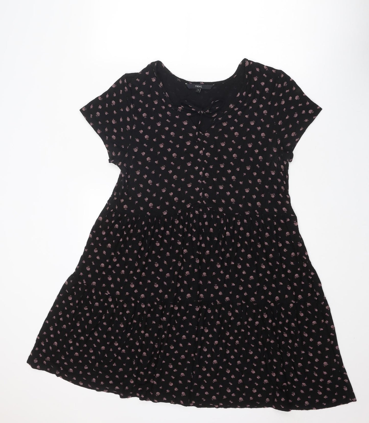 NEXT Womens Black Floral Viscose Trapeze & Swing Size 14 Round Neck Tie