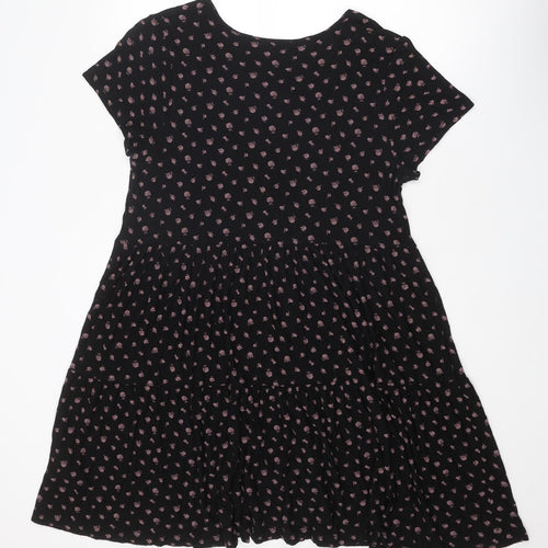 NEXT Womens Black Floral Viscose Trapeze & Swing Size 14 Round Neck Tie