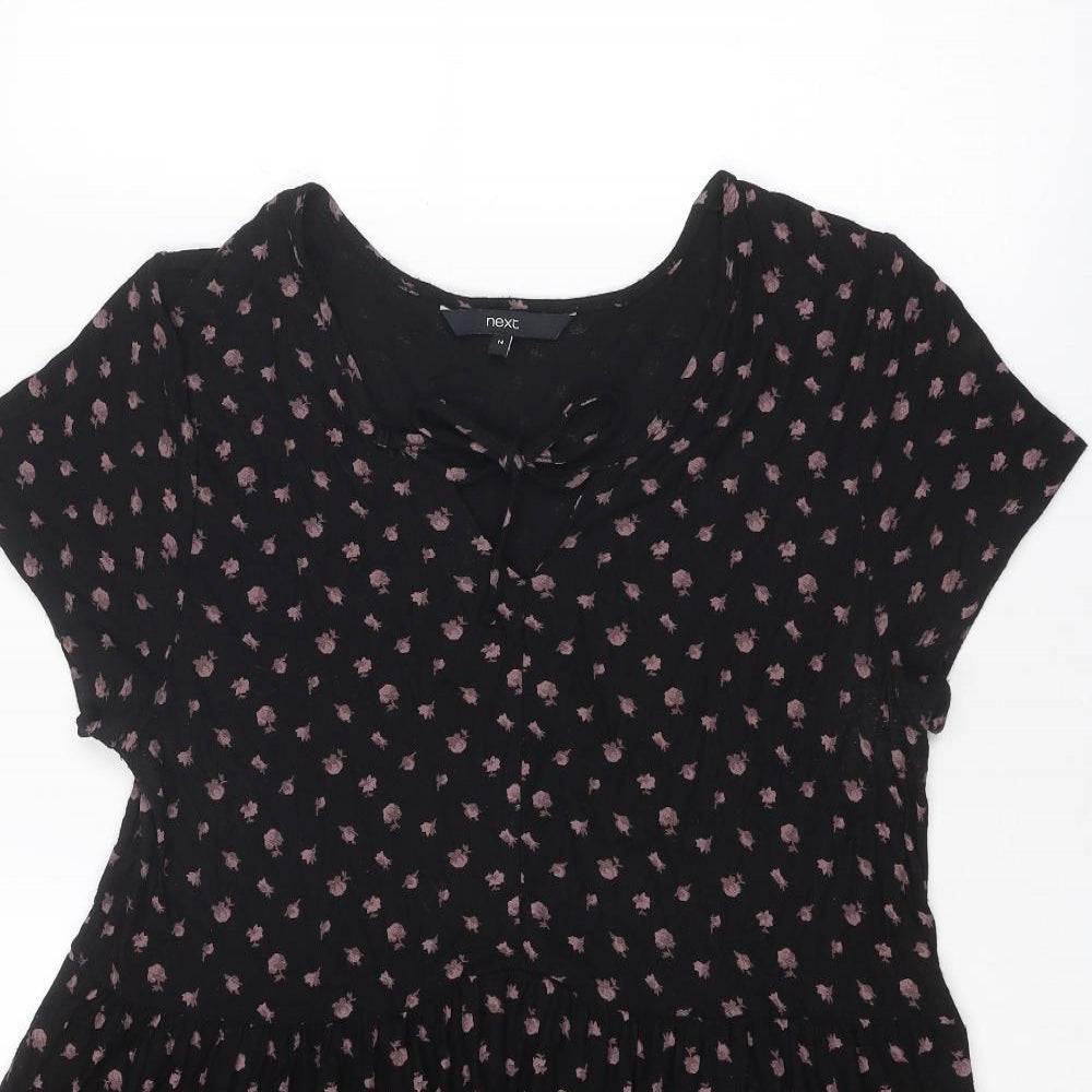 NEXT Womens Black Floral Viscose Trapeze & Swing Size 14 Round Neck Tie