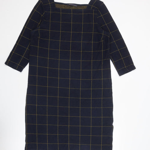 Marks and Spencer Womens Blue Check Cotton A-Line Size 14 Square Neck Pullover