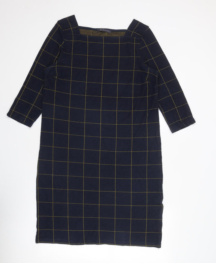 Marks and Spencer Womens Blue Check Cotton A-Line Size 14 Square Neck Pullover