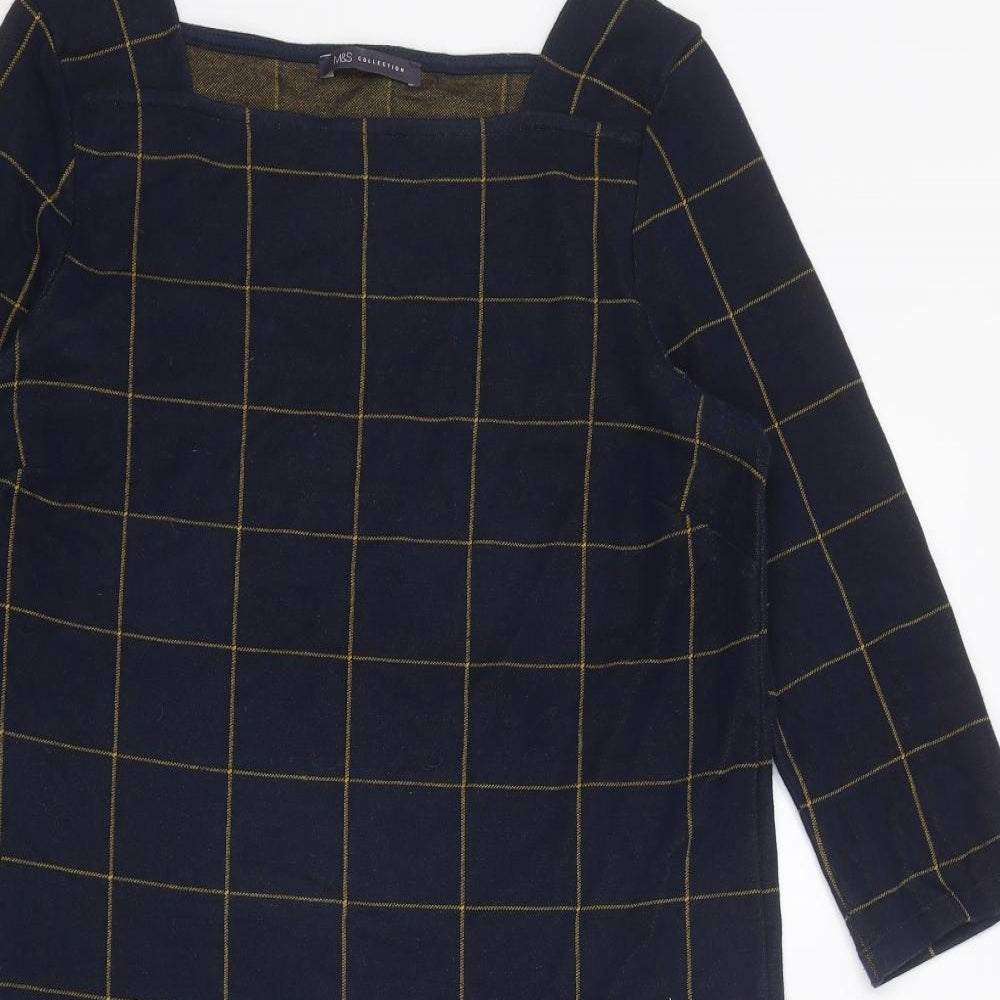 Marks and Spencer Womens Blue Check Cotton A-Line Size 14 Square Neck Pullover