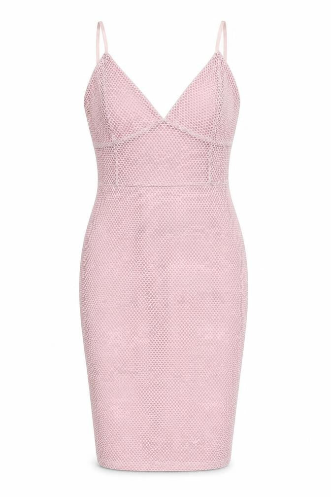 Front view of girls’ on film womens pink polyester bodycon, size 8, v-neck pullover