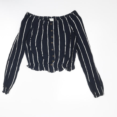 H&M Womens Blue Striped Viscose Cropped Blouse Size S Off the Shoulder