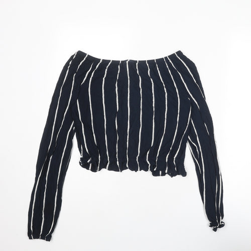 H&M Womens Blue Striped Viscose Cropped Blouse Size S Off the Shoulder