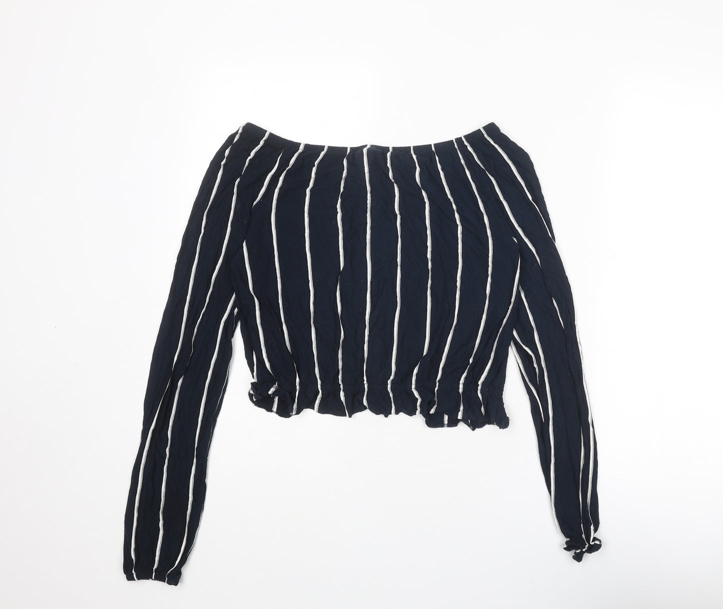 H&M Womens Blue Striped Viscose Cropped Blouse Size S Off the Shoulder
