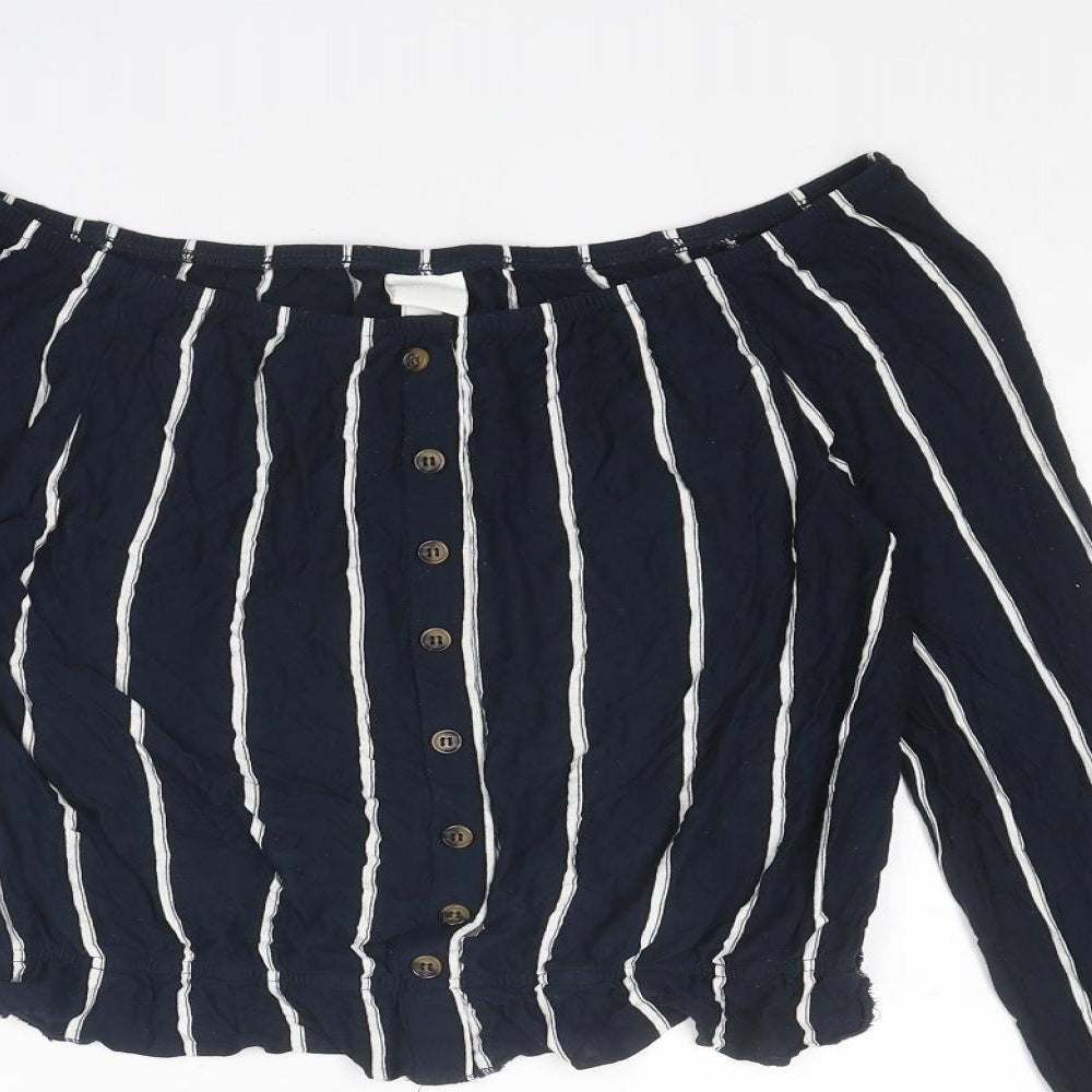 H&M Womens Blue Striped Viscose Cropped Blouse Size S Off the Shoulder