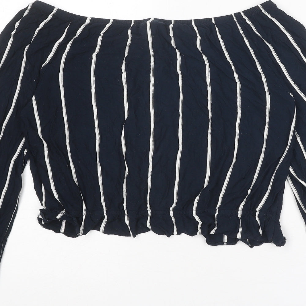 H&M Womens Blue Striped Viscose Cropped Blouse Size S Off the Shoulder