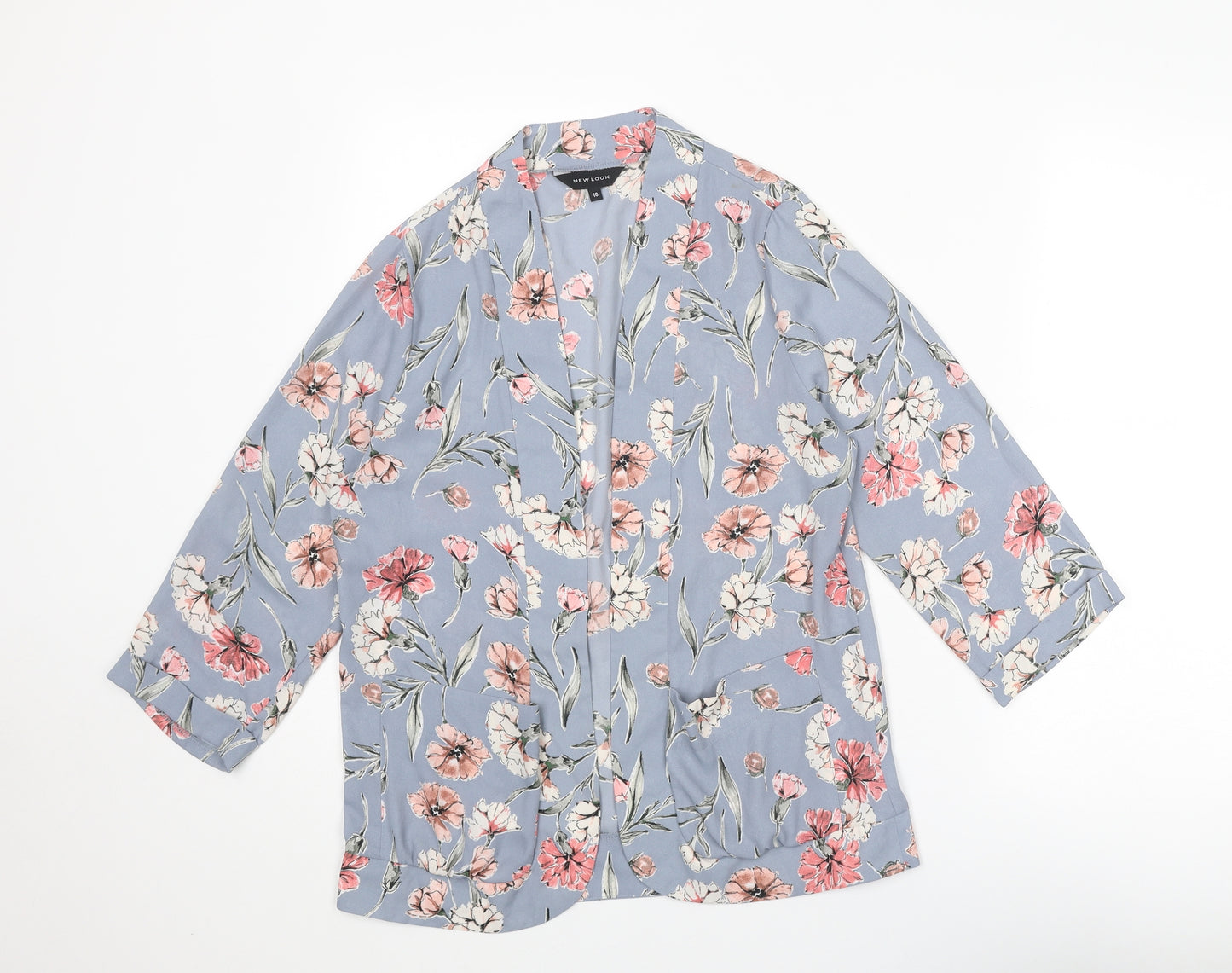 New Look Womens Grey Floral Polyester Kimono Blouse Size 10 V-Neck