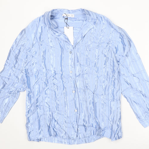 Mango Womens Blue Striped Polyester Basic Button-Up Size S Collared
