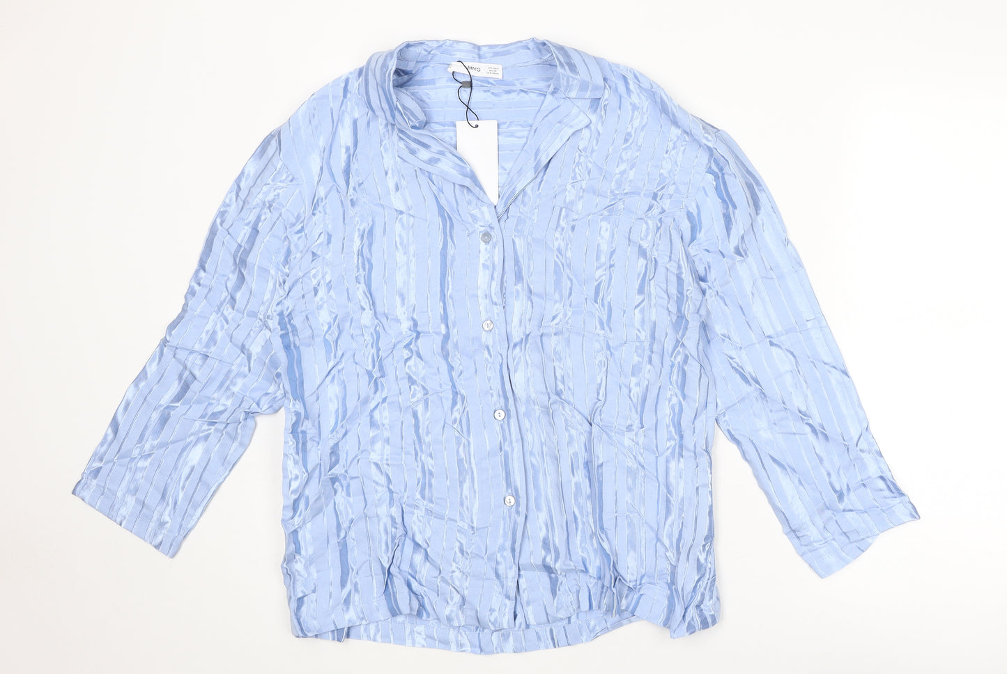 Mango Womens Blue Striped Polyester Basic Button-Up Size S Collared
