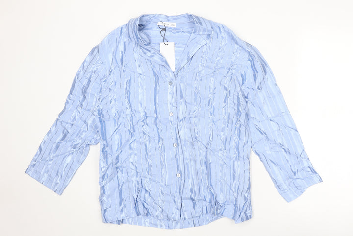Mango Womens Blue Striped Polyester Basic Button-Up Size S Collared