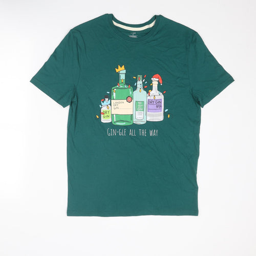 Marks and Spencer Mens Green Cotton T-Shirt Size S Round Neck - Gin-gle All The Way