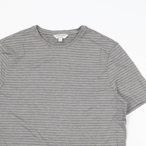Autograph Mens Grey Striped Cotton T-Shirt Size L Round Neck