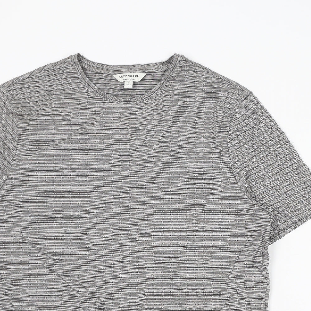 Autograph Mens Grey Striped Cotton T-Shirt Size L Round Neck