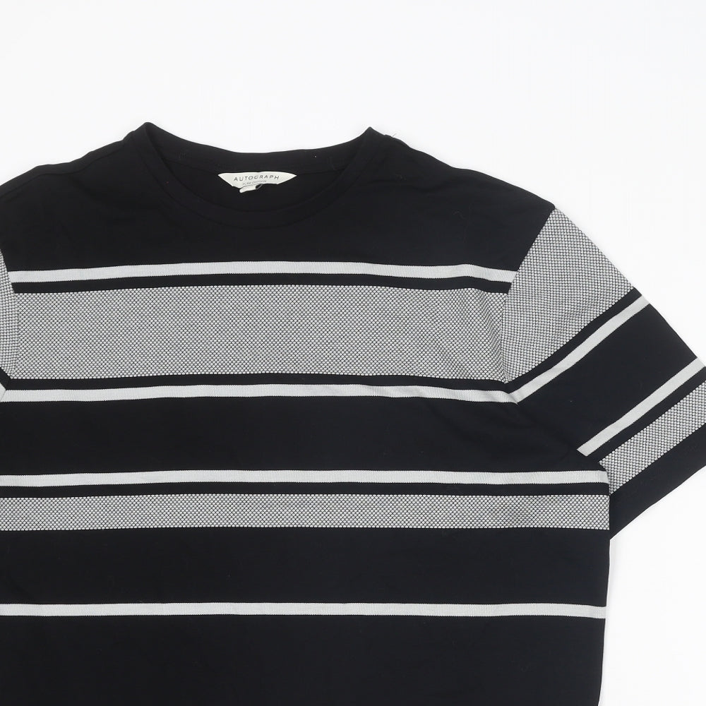 Autograph Mens Black Striped Cotton T-Shirt Size L Round Neck