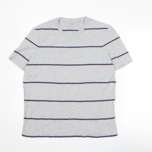 Marks and Spencer Mens Grey Striped Cotton T-Shirt Size L Round Neck