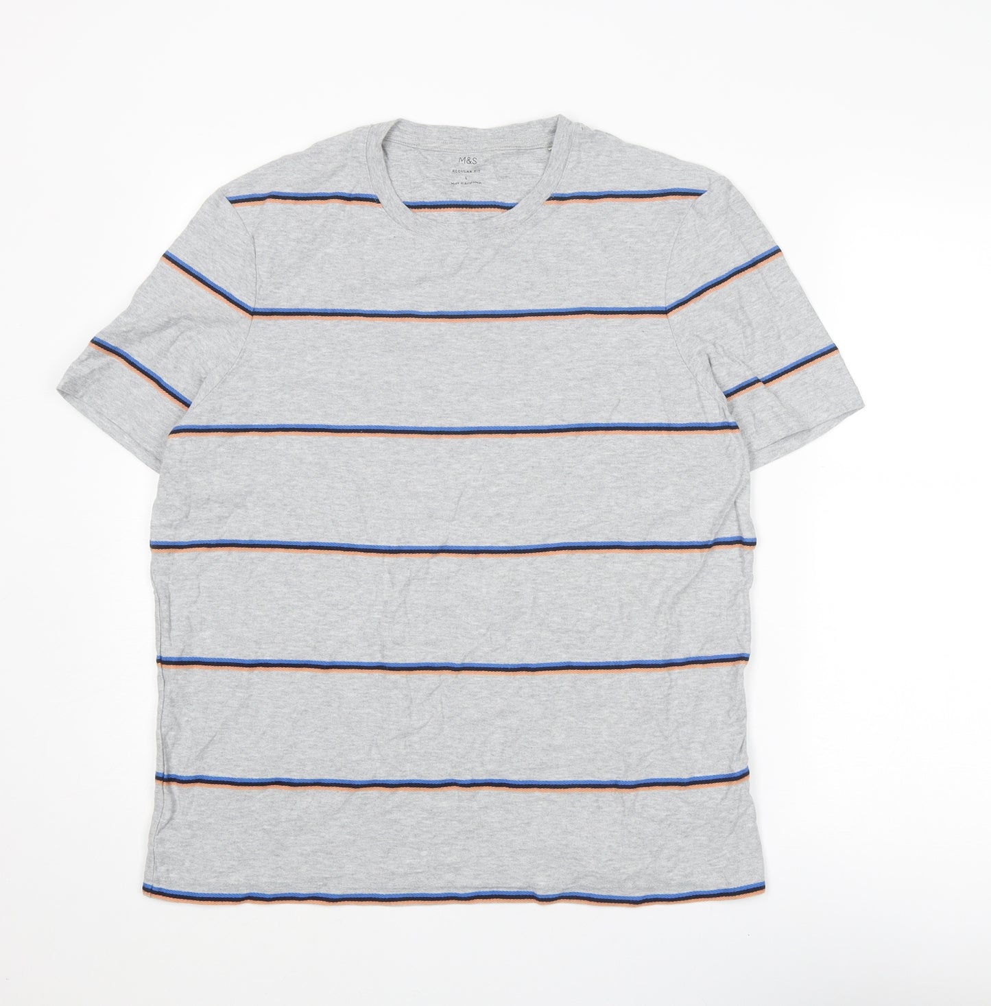 Marks and Spencer Mens Grey Striped Cotton T-Shirt Size L Round Neck