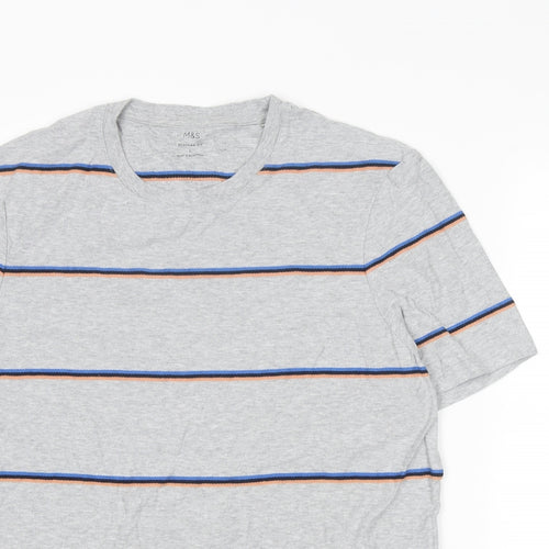 Marks and Spencer Mens Grey Striped Cotton T-Shirt Size L Round Neck
