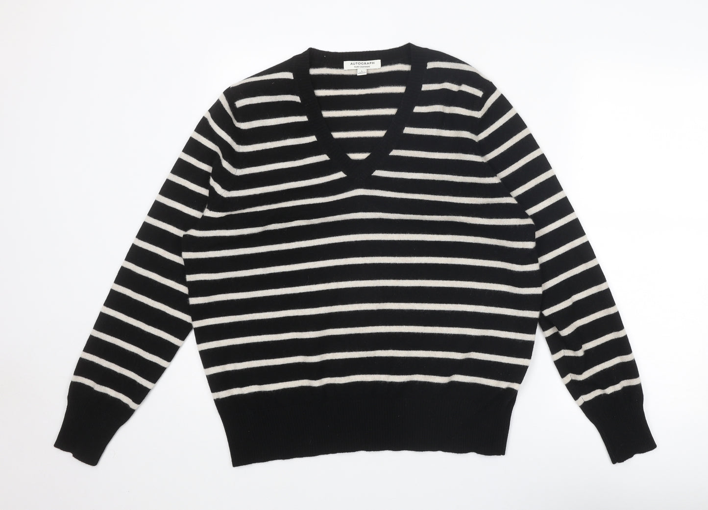 Autograph Womens Black V-Neck Striped Cashmere Pullover Jumper Size L