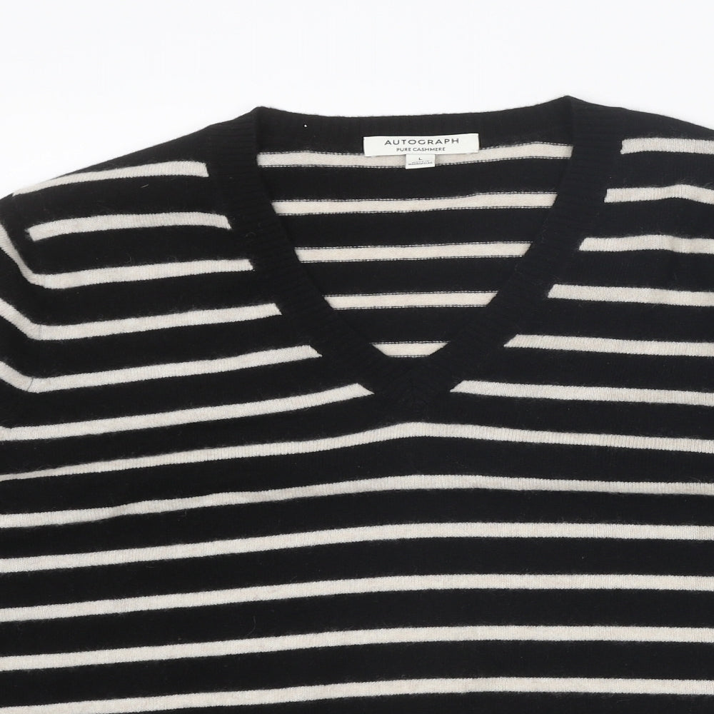 Autograph Womens Black V-Neck Striped Cashmere Pullover Jumper Size L