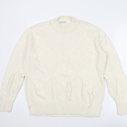 Marks and Spencer Womens Ivory Mock Neck Argyle/Diamond Cotton Pullover Jumper Size M