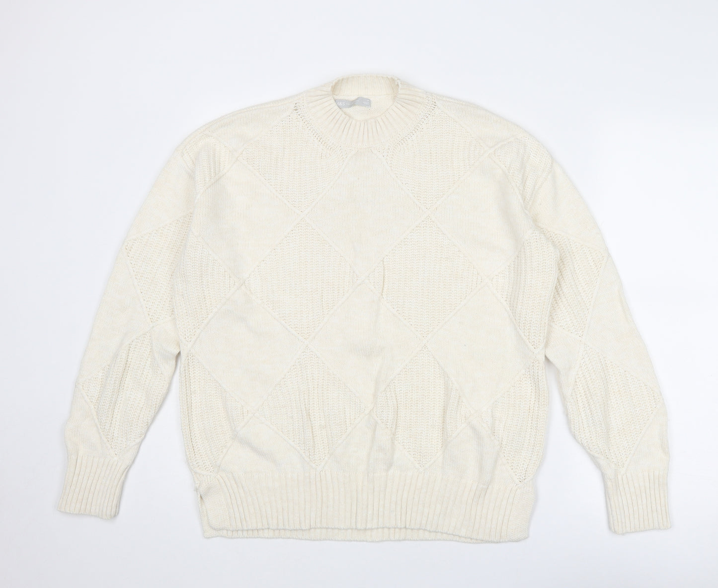 Marks and Spencer Womens Ivory Mock Neck Argyle/Diamond Cotton Pullover Jumper Size M