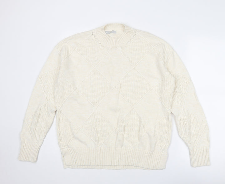 Marks and Spencer Womens Ivory Mock Neck Argyle/Diamond Cotton Pullover Jumper Size M