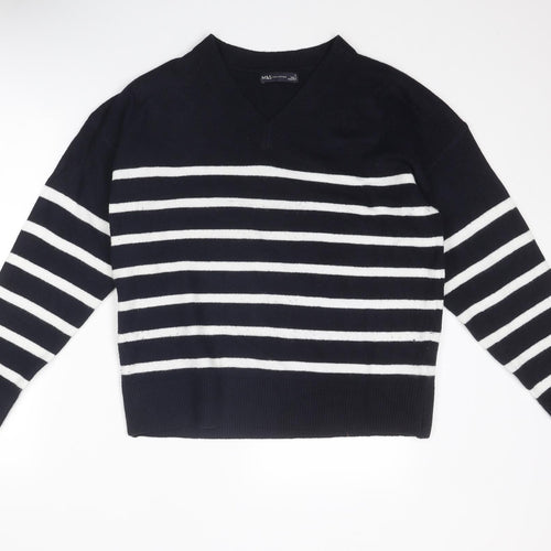 Marks and Spencer Womens Blue V-Neck Striped Polyester Pullover Jumper Size M