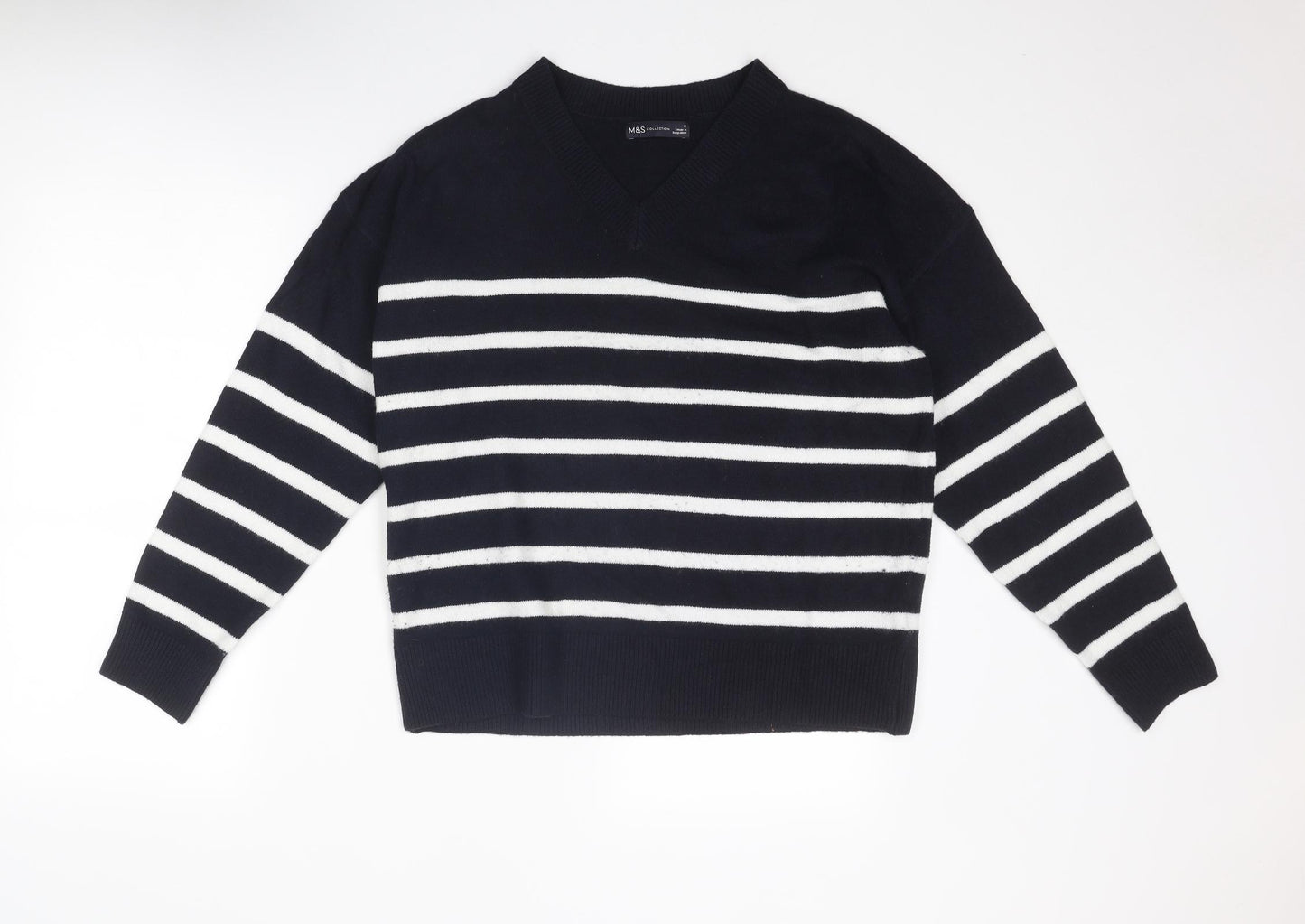 Marks and Spencer Womens Blue V-Neck Striped Polyester Pullover Jumper Size M