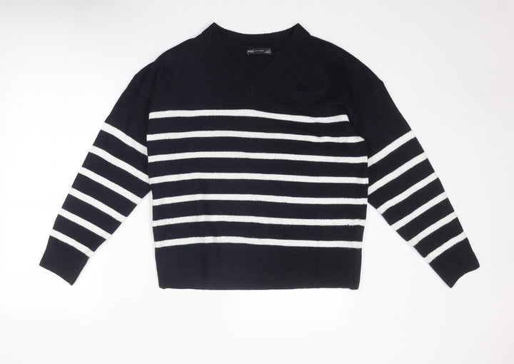 Marks and Spencer Womens Blue V-Neck Striped Polyester Pullover Jumper Size M