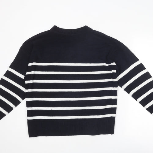 Marks and Spencer Womens Blue V-Neck Striped Polyester Pullover Jumper Size M