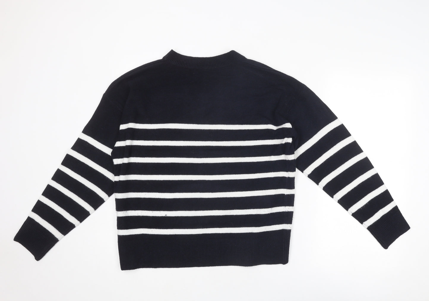 Marks and Spencer Womens Blue V-Neck Striped Polyester Pullover Jumper Size M
