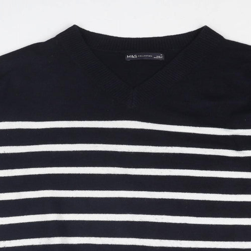 Marks and Spencer Womens Blue V-Neck Striped Polyester Pullover Jumper Size M