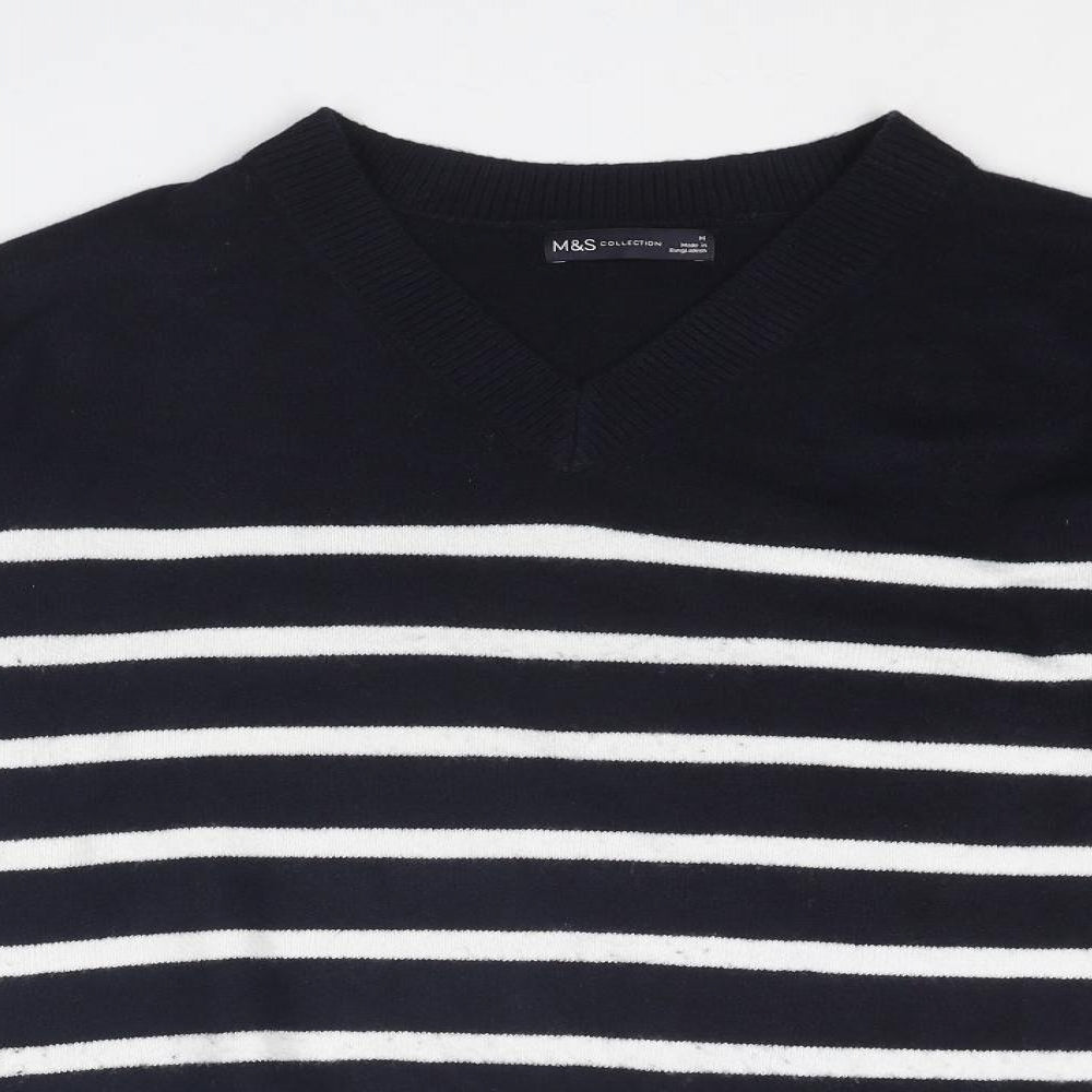 Marks and Spencer Womens Blue V-Neck Striped Polyester Pullover Jumper Size M