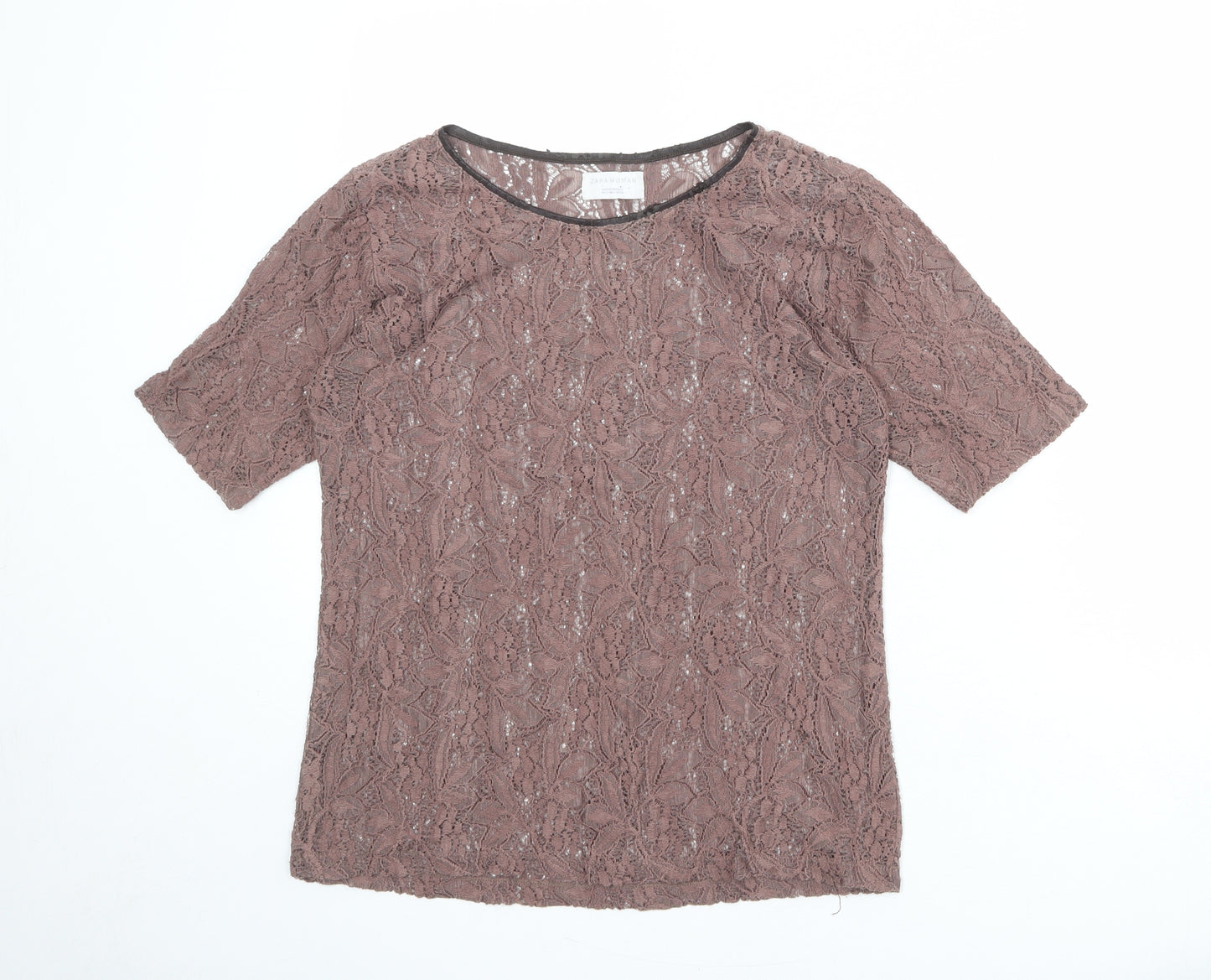 Zara Womens Pink Polyester Basic T-Shirt Size L Round Neck