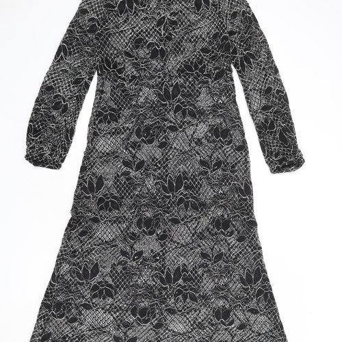 Zara Womens Black Floral Polyester A-Line Size S Round Neck Button